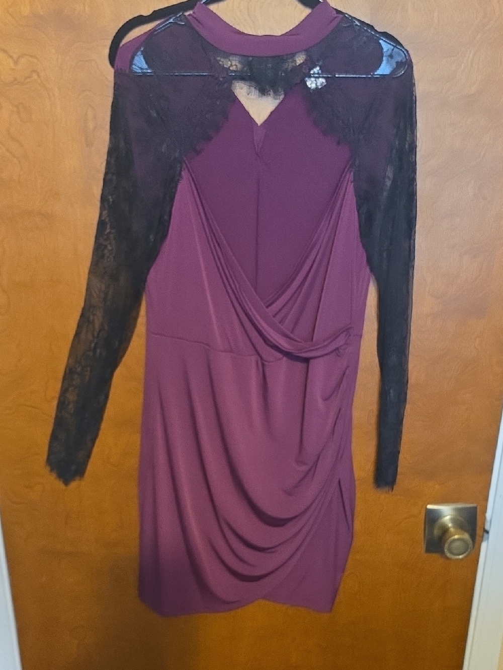VENUS Wine Dress with Black Lace Long Sleeves